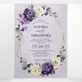パープルプラム アイボリー ゴールド フローラル ジオメトリック ウェディングトラ 三つ折り案内状 (内部中)