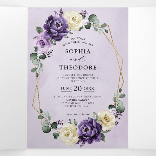 パープルプラム アイボリー ゴールド フローラル ジオメトリック ウェディングトラ 三つ折り案内状 (内部中)