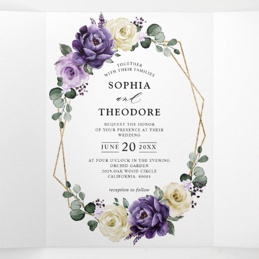 パープルプラム アイボリー ゴールド フローラル ジオメトリック ウェディング 三つ折り案内状 (内部中)