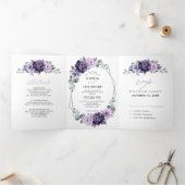 パープルプラム シルバー フローラル ブルームズ ジオメトリック ウェディング 三つ折り案内状 (内部)