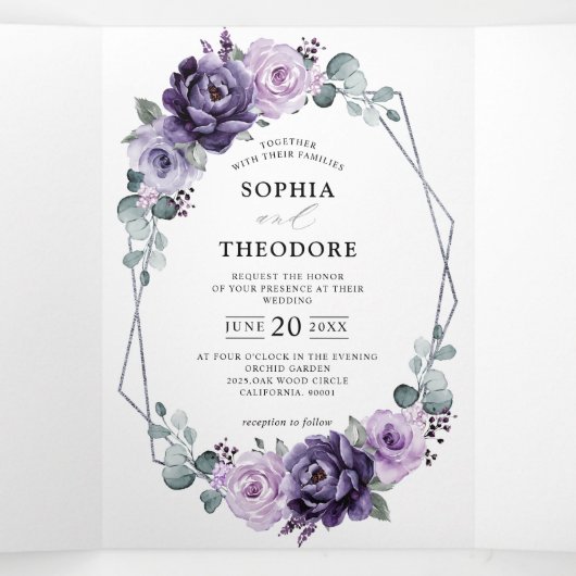 パープルプラム シルバー フローラル ブルームズ ジオメトリック ウェディング 三つ折り案内状 (内部中)
