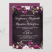 パープルプラム バーガンディ ウォーターカラー フラワールージュ ラスティック 招待状 (正面/裏面)