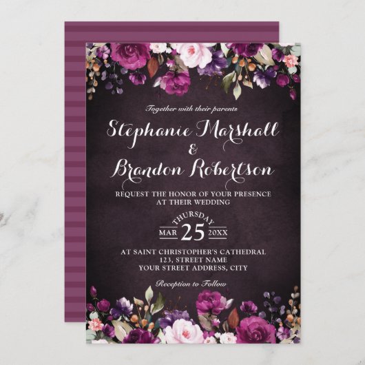 パープルプラム バーガンディ ウォーターカラー フラワールージュ ラスティック 招待状 (正面/裏面)