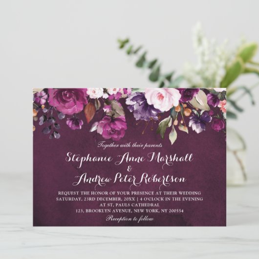 パープルプラム バーガンディ ウォーターカラー フラワールージュ ラスティック 招待状 (スタンド正面)