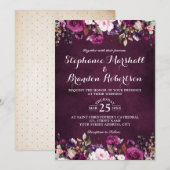 パープルプラム バーガンディ ウォーターカラー フラワー ラスティック 招待状 (正面/裏面)