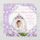 パープルプリンセスキャリッジフォトバースデーパーティー 招待状 (正面/裏面)