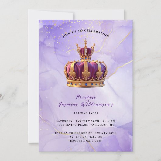 パープルプリンセスクラウンフェアユタリーバースデーパーティー 招待状 (正面)