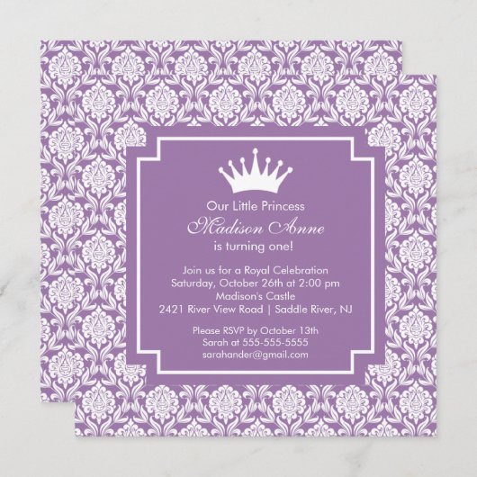 パープルプリンセスクラウン誕生日パーティーの招待 招待状 (正面/裏面)