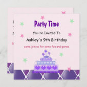 パープルプリンセスケーキパーティの招待状 招待状 (正面/裏面)