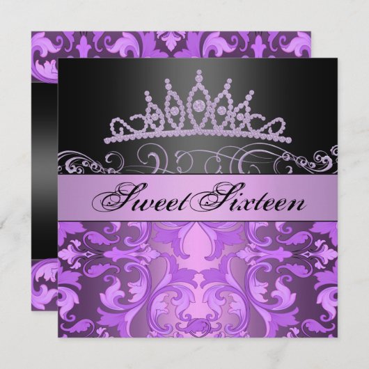 パープルプリンセススウィート16ダマスク誕生日招待状 招待状 (正面/裏面)