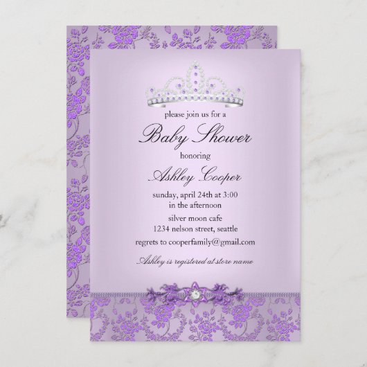 パープルプリンセスベビーシャワーティアラ 招待状 (正面/裏面)