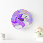 パープルプリンセスユニコーンフローラ子供部屋キッズ ラージ壁時計 (ホーム)