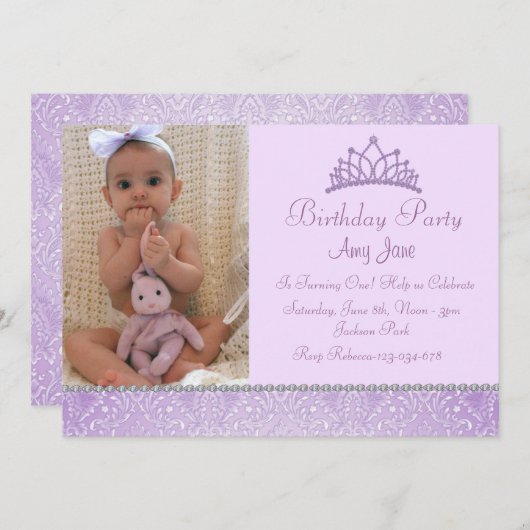 パープルプリンセス誕生日招待状 招待状 (正面/裏面)