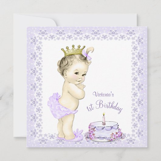 パープルプリンセス1歳の誕生日招待状 招待状 (正面)