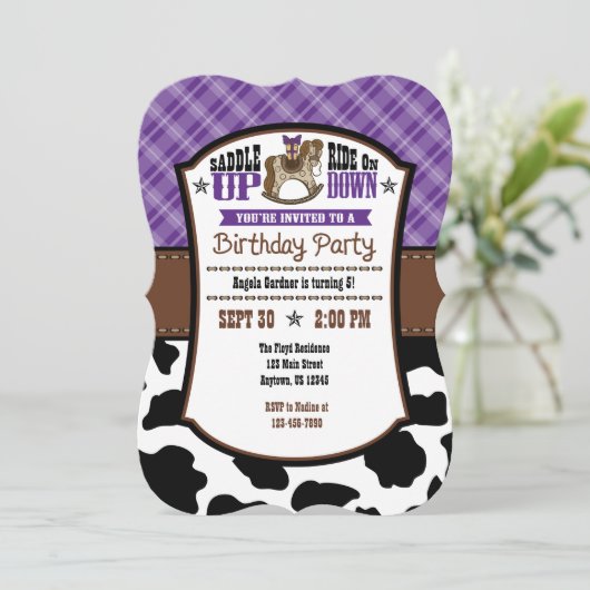 パープルプレイドコウィドカウボーイ誕生日招待状 招待状 (スタンド正面)