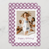 パープルプレイドタイポグラフィフォトハッピーホリデーカード シーズンカード (正面/裏面)