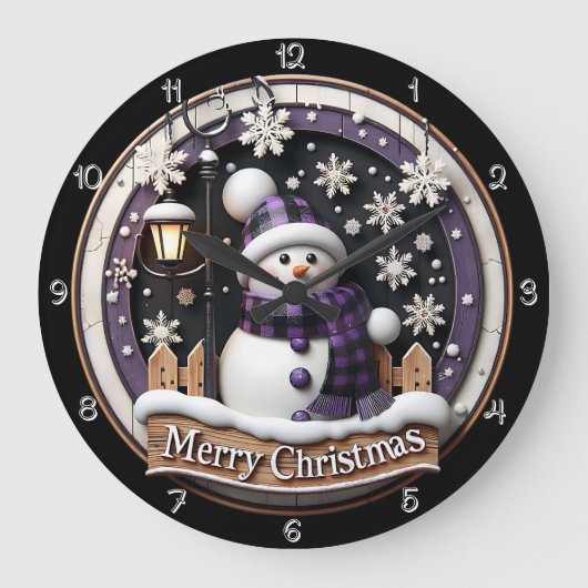 パープルプレイド雪だるまメリークリスマス ラージ壁時計 (正面)