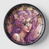 パープルヘアフェアリーエンジェルファンタジーアート 壁時計 (正面)