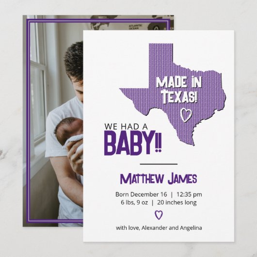 パープルヘリンボーン作りテキサス州フォトベビー 案内状 (正面/裏面)