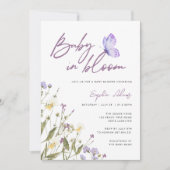 パープルベイビー イン ブルーム ワイルドフラワー ベイビー シャワー 招待状 (正面)