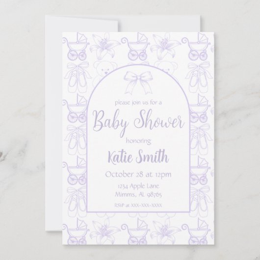 パープルベビーガールシャワー招待状 招待状 (正面)
