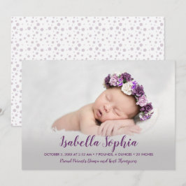パープルベビーガールフォト誕生 案内状