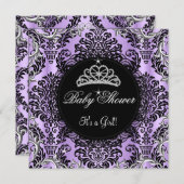 パープルベビーシャワーガールプリンセスティアラブラックレース 招待状 (正面/裏面)