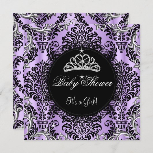 パープルベビーシャワーガールプリンセスティアラブラックレース 招待状 (正面/裏面)
