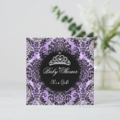 パープルベビーシャワーガールプリンセスティアラブラックレース 招待状 (スタンド正面)