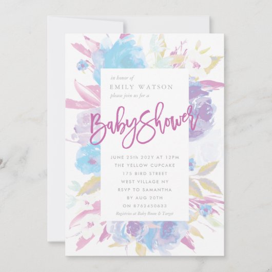 パープルベビーシャワー招待状フローラ水彩 招待状 (正面)