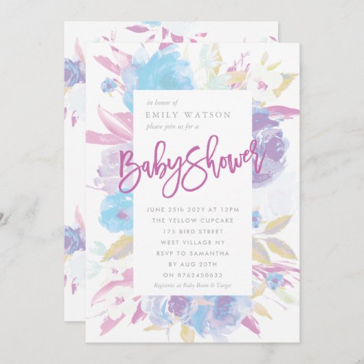 パープルベビーシャワー招待状フローラ水彩 招待状 (正面/裏面)