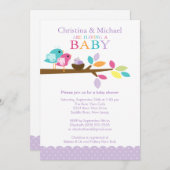 パープルベビーバードネストベビーシャワー招待状 招待状 (正面/裏面)