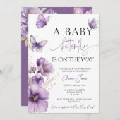 パープルベビー蝶が赤ちゃんシャワーの途中にある 招待状 (正面/裏面)