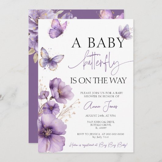 パープルベビー蝶が赤ちゃんシャワーの途中にある 招待状 (正面/裏面)