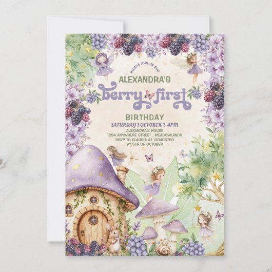 パープルベリーファースト妖精ファースト誕生日招待状 招待状 (正面)
