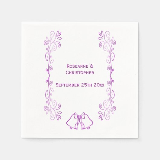 パープルベルズスクロールワークウェディングレセプション スタンダードカクテルナプキン (正面)