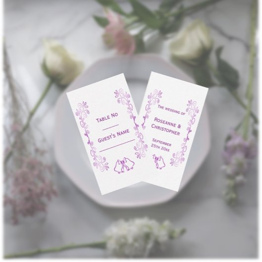 パープルベルズスクロールワーク結婚デザイン プレイスカード