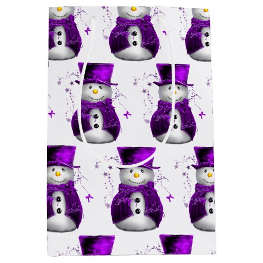 パープルベルベットのクリスマスのエレガント雪だるま ミディアムペーパーバッグ (正面)