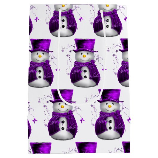 パープルベルベットのクリスマスのエレガント雪だるま ミディアムペーパーバッグ (裏面)