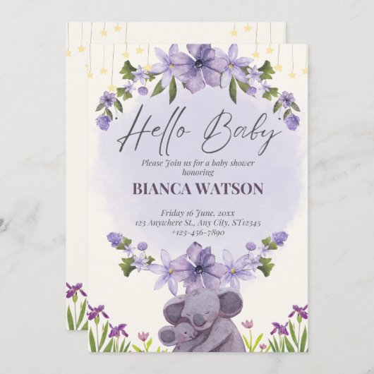 パープルベージュかわいいベビーシャワー招待状 招待状 (正面/裏面)