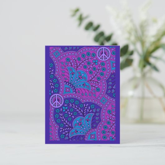 パープルペイズリーと平和のサイン投票はがき ポストカード (スタンド正面)