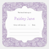 パープルペイズリーガールブックベビーシャワー蔵書票 スクエアシール (正面)