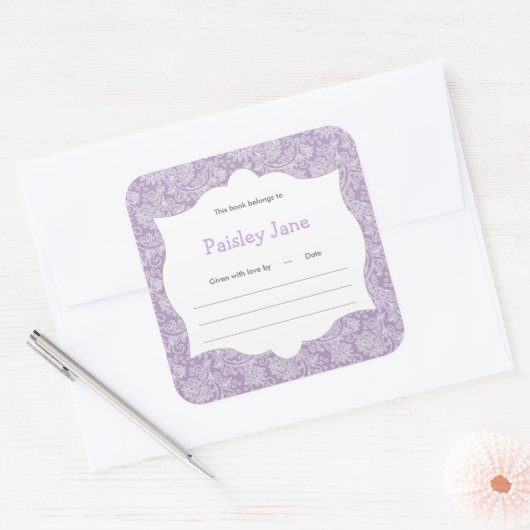 パープルペイズリーガールブックベビーシャワー蔵書票 スクエアシール (封筒)