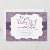 パープルペイズリーベビーガールシャワー招待状 招待状 (正面)