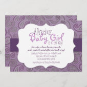 パープルペイズリーベビーガールシャワー招待状 招待状 (正面/裏面)