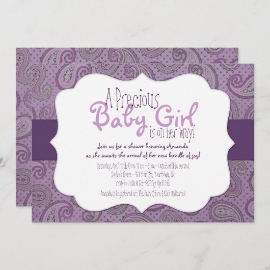 パープルペイズリーベビーガールシャワー招待状 招待状 (正面/裏面)