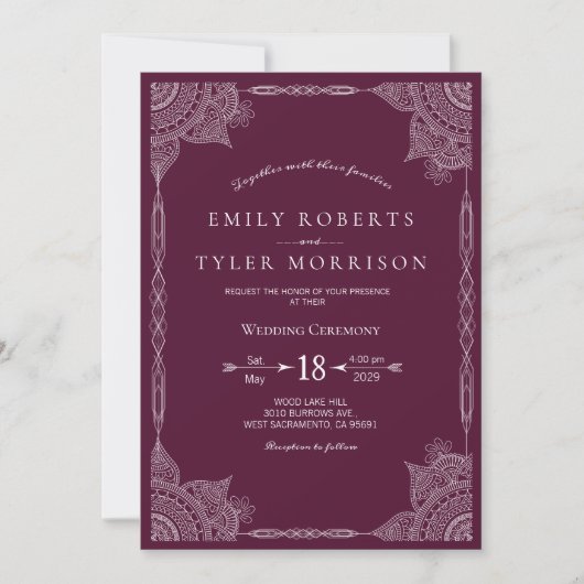 パープルペイズリーマンダラインディアン結婚式の招待 招待状 (正面)