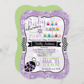 パープルペイズリーラディバグテーマガールベビーシャワー 招待状 (正面/裏面)