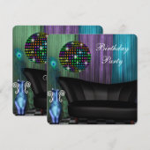 パープルペコックミラーボールディスコバースデーパーティー 招待状 (正面/裏面)