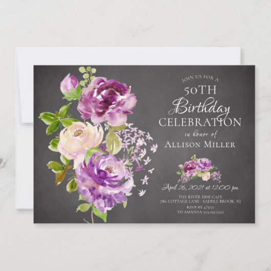 パープルペニーズフローラ誕生日招待状 招待状 (正面)